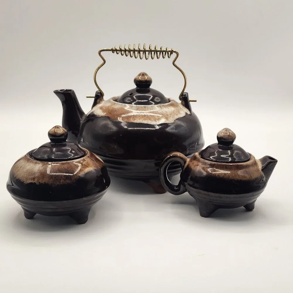 Vintage Redware Drip Glaze Teapot Creamer Sugar Set Wire Handle Ceramic Japan